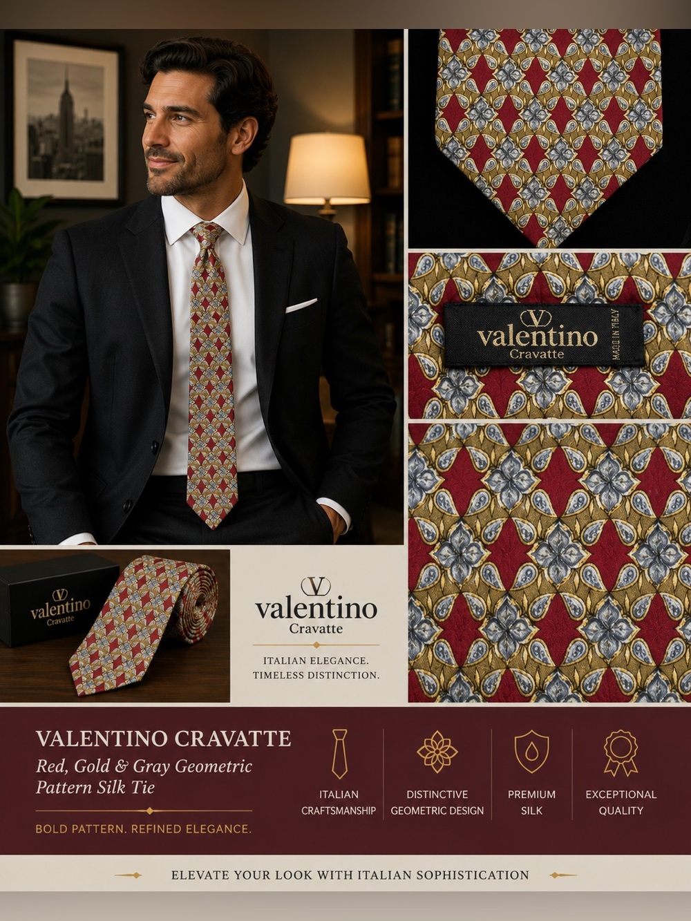 Valentino Red and Gold Silk Tie